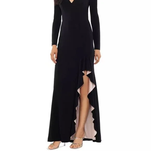 Xscape Black Nude V-Neck Long Sleeve Gown